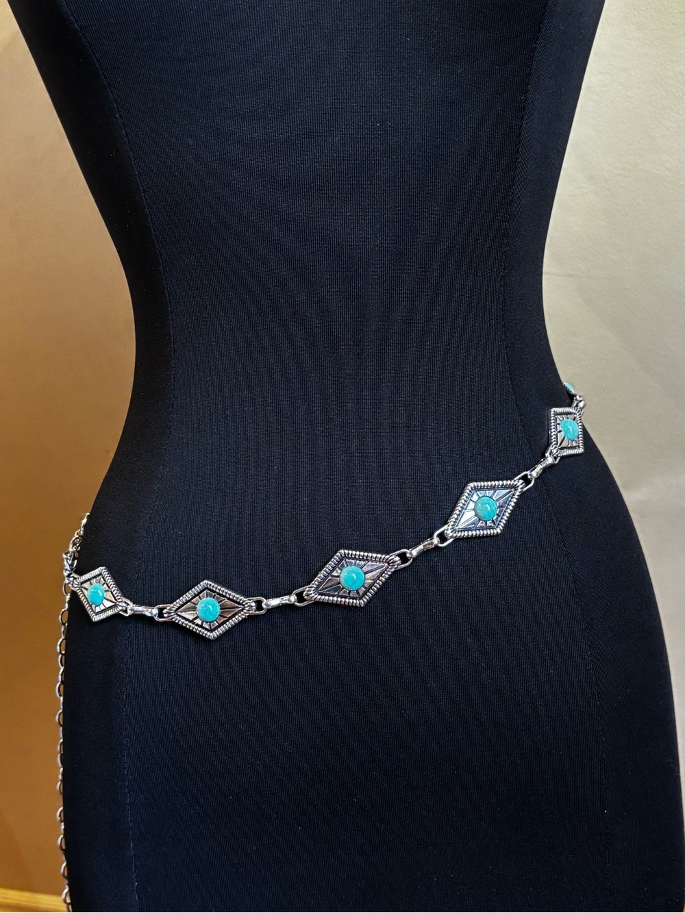 Southwestern Faux Turquoise Diamond Link Chain Belt